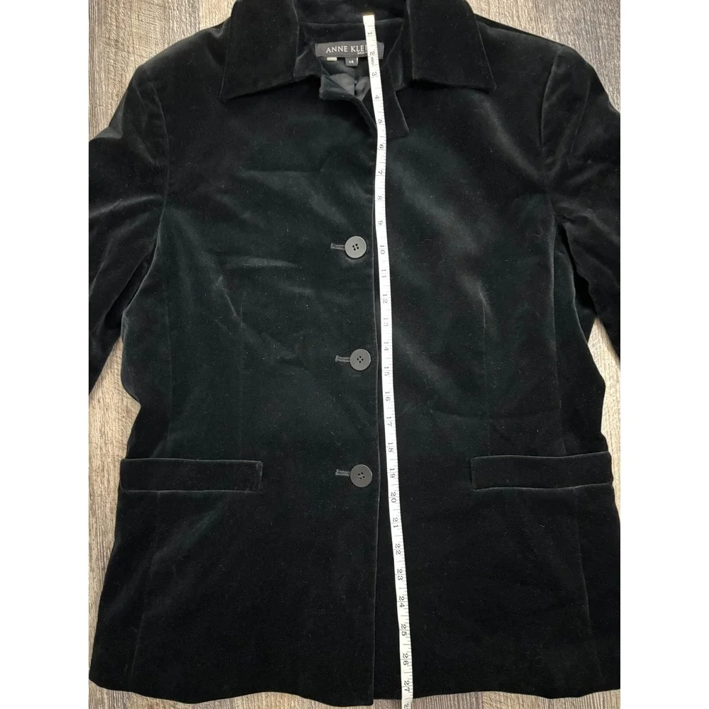 Anne Klein New York Black Velvet Blazer Jacket Women 14 Stretch Button Front New